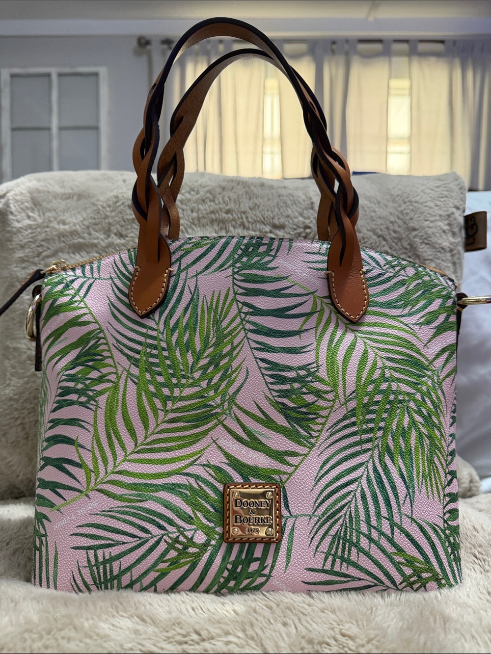 Dooney & Bourke Pink Palm-Print Leather Tote with Brown Braided Handles